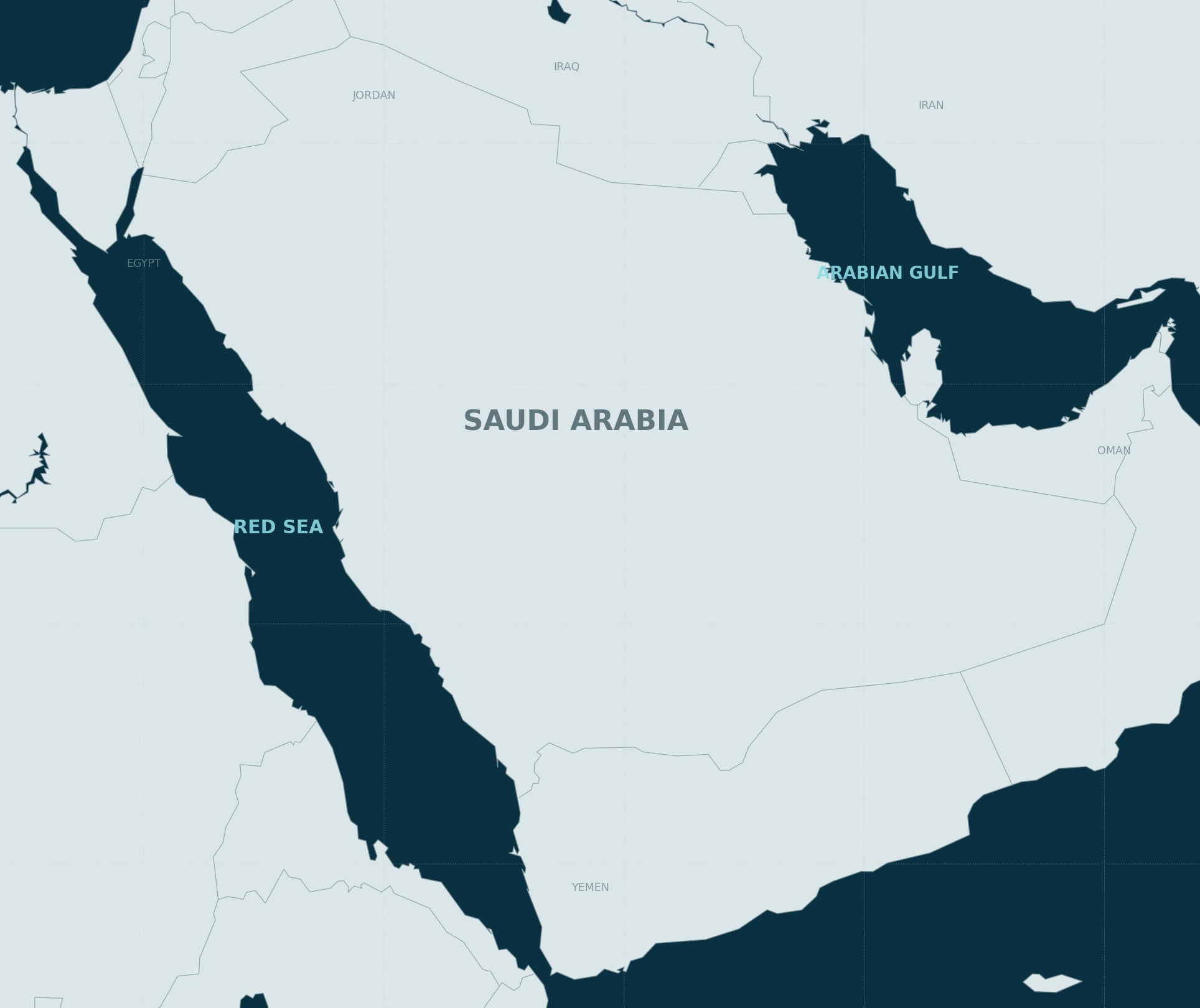 Map of Saudi Arabia between the Red Sea and Arabian Gulf